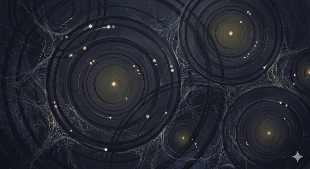 Abstract indigo and charcoal circular tracks with isolated points of light evoking motion, solitude, and biological structure.