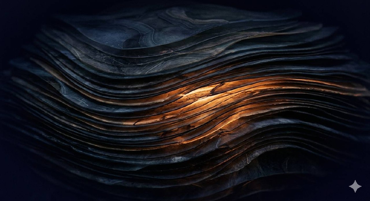 Abstract layered translucent surfaces in indigo and slate blue with amber light visible through misaligned gaps, suggesting infinite strata of representation over an unreachable reality.