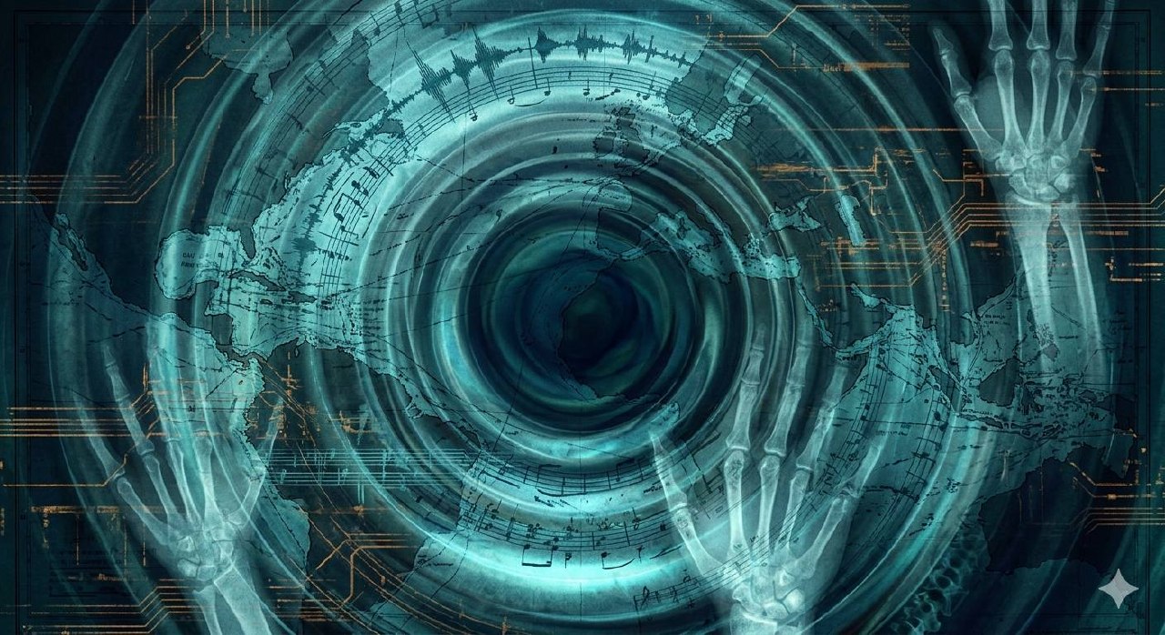 Abstract layered composition of dissolving maps, waveforms, and ghostly bone imagery in cold blue-green light with amber electrical traces, suggesting perpetual deferral of resolution.