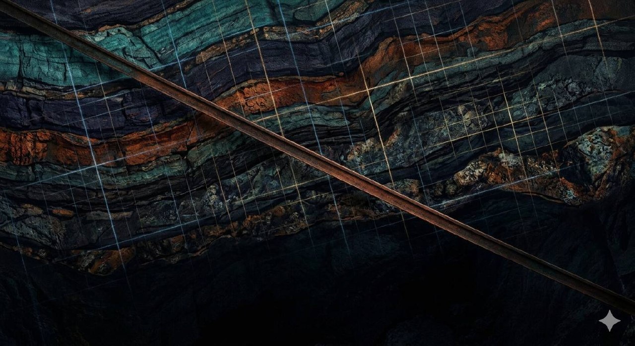 Abstract layered geological strata glowing faintly from within, threaded with oscillating waveforms, rendered in deep indigo and amber.