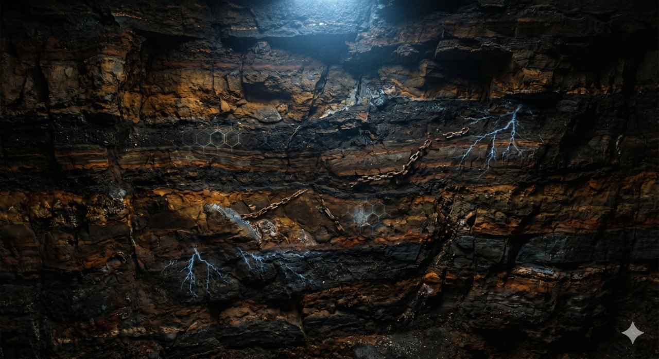 Abstract layered strata in dark ochres and black with faint geometric fossils glowing faintly within, lit by a cold blue light from above.