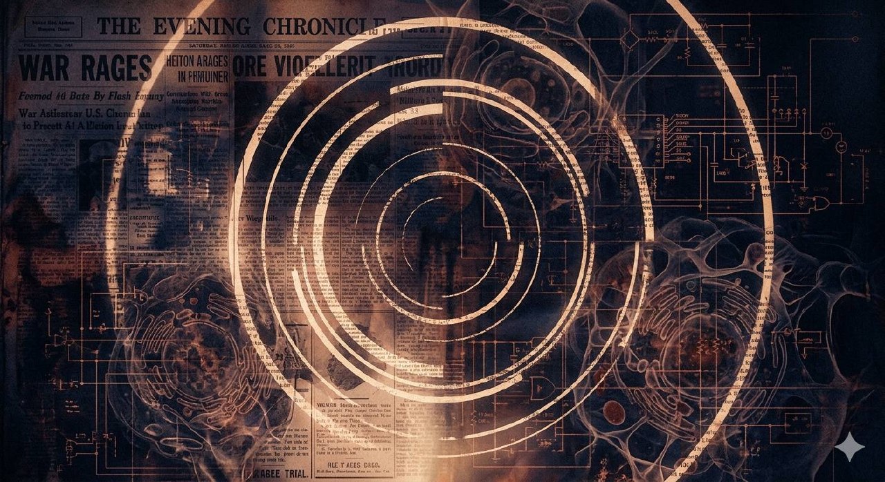 Overlapping translucent layers of newspaper, circuitry, and cellular structure in deep indigo and rust, with amber light filtering through from below.