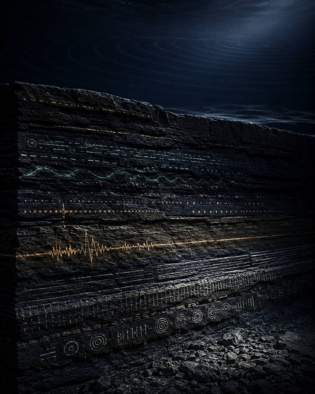 A dark geometric sphere suspended in near-black space with faint turbulent flow lines trailing behind it in unpredictable arcs.