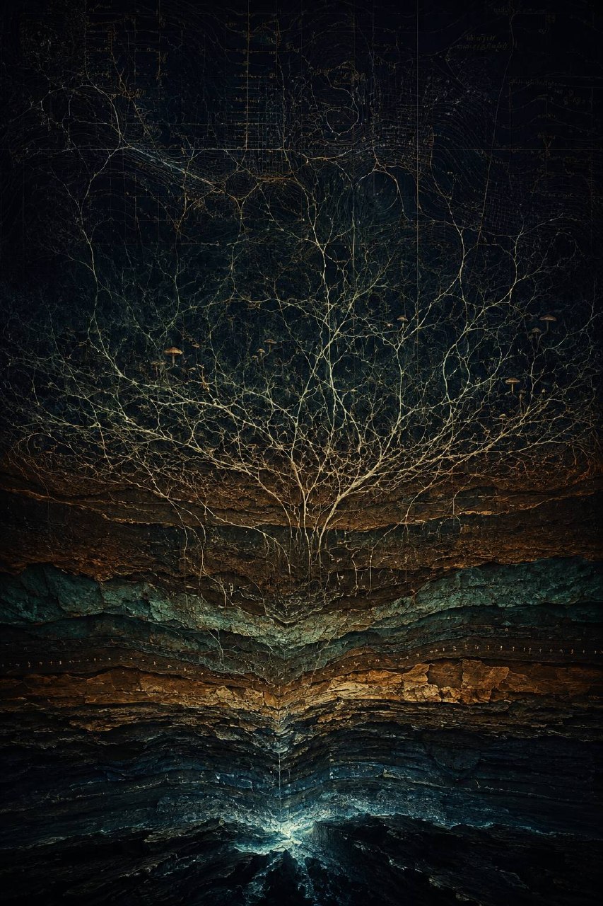 Abstract layered strata transforming upward into branching networks and faded map grids, lit from below in deep indigo and amber.
