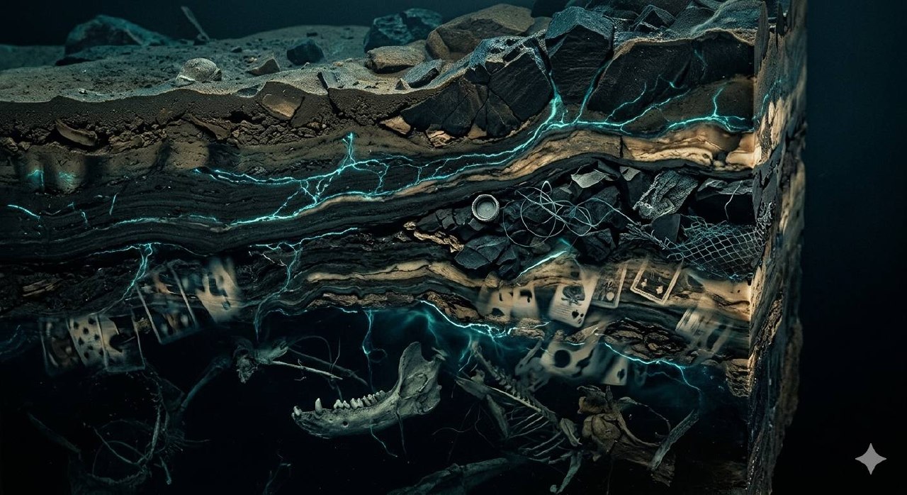 Abstract dark cross-section of layered geological strata merging with deep ocean forms, faint bioluminescent threads tracing through compressed sediment and suspended fossilized shapes.