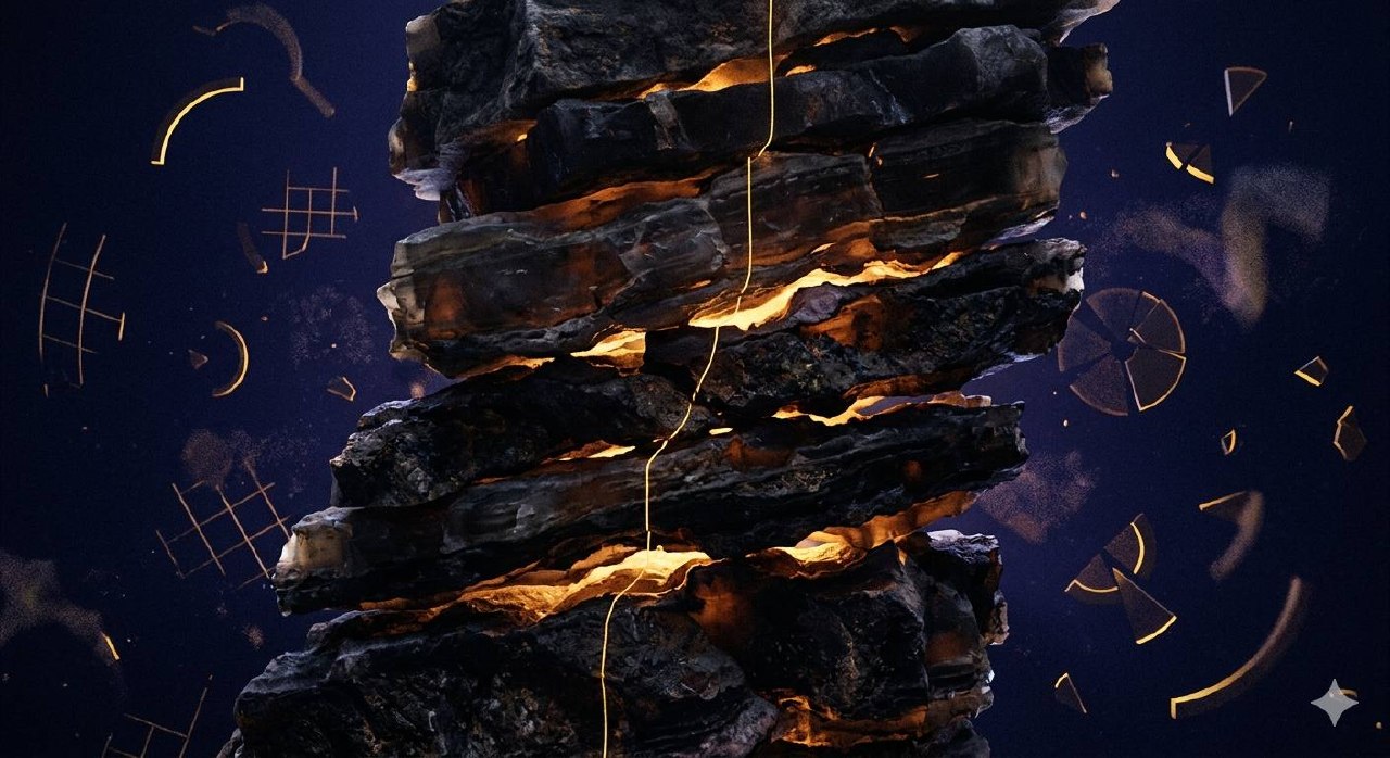 Abstract layered dark strata with glowing amber light seeping between geological layers, fragmented geometric shapes dissolving at their edges, a single gold line running imperfectly through all of them.