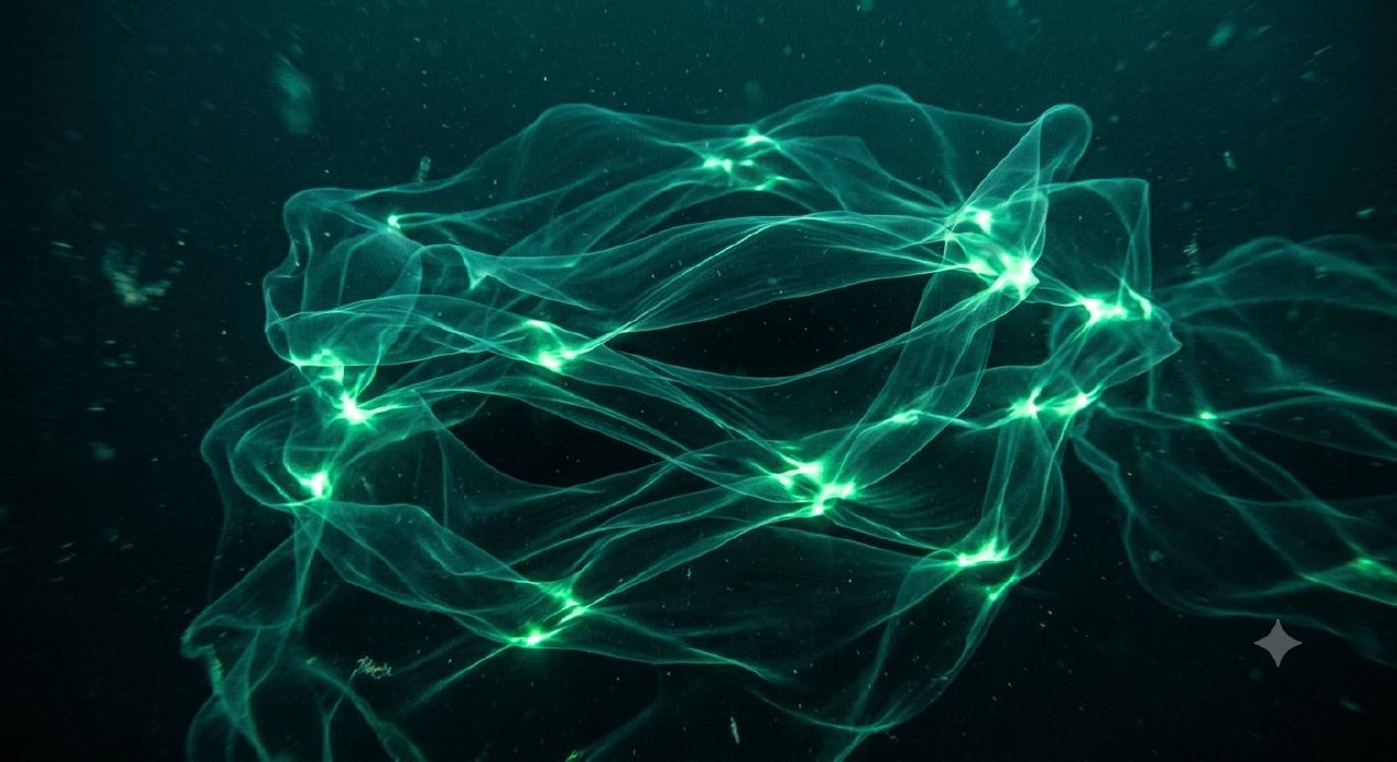 Abstract layers of translucent membranes in deep water, light refracting into bright nodes and dark cancellations, suggesting interference, depth, and hidden structure.
