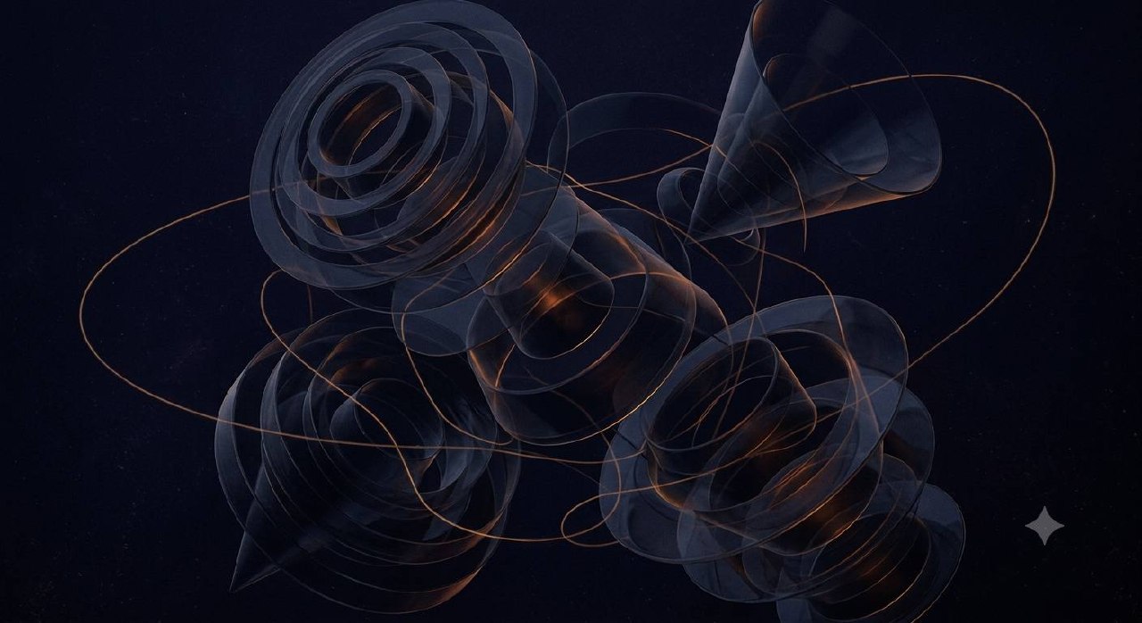 Abstract layered geometric forms in deep indigo and amber, spiraling without resolution, suggesting transmission and arrested motion.