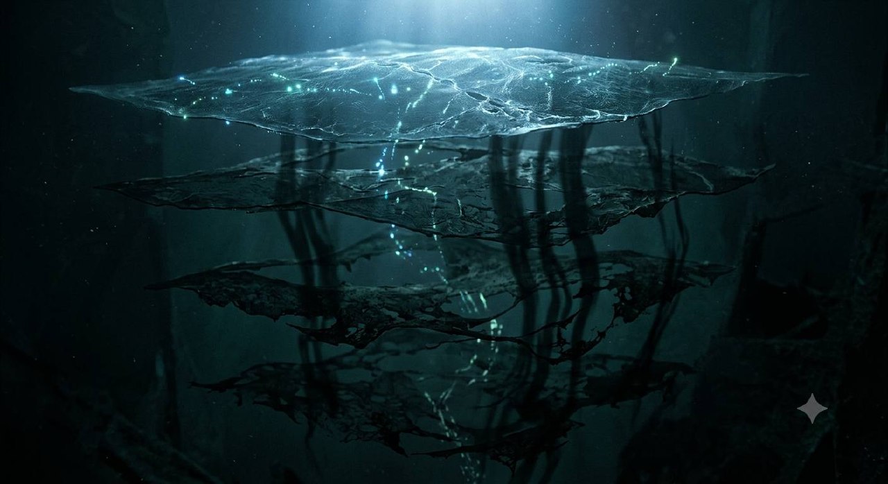 Abstract layered membranes in deep teal and charcoal with faint signals degrading as they pass downward through each translucent layer.