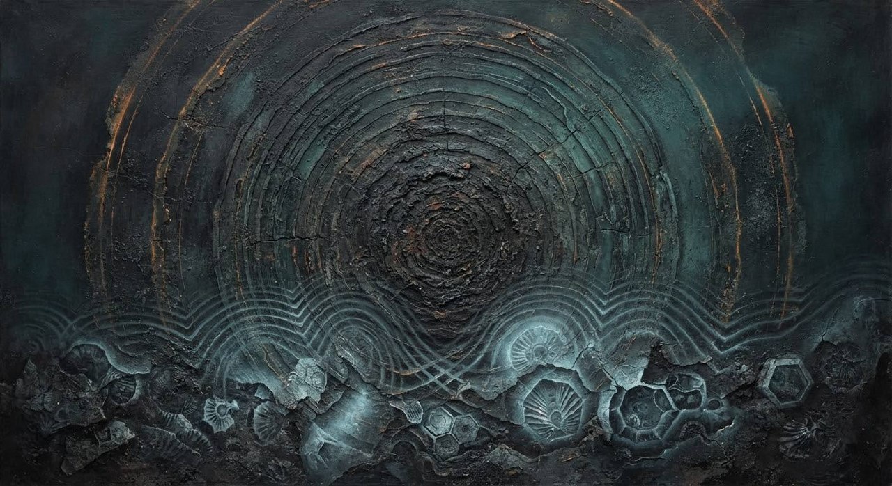 Abstract concentric rings of decay and interference patterns in charcoal, teal, and amber, evoking transmission across deep time.