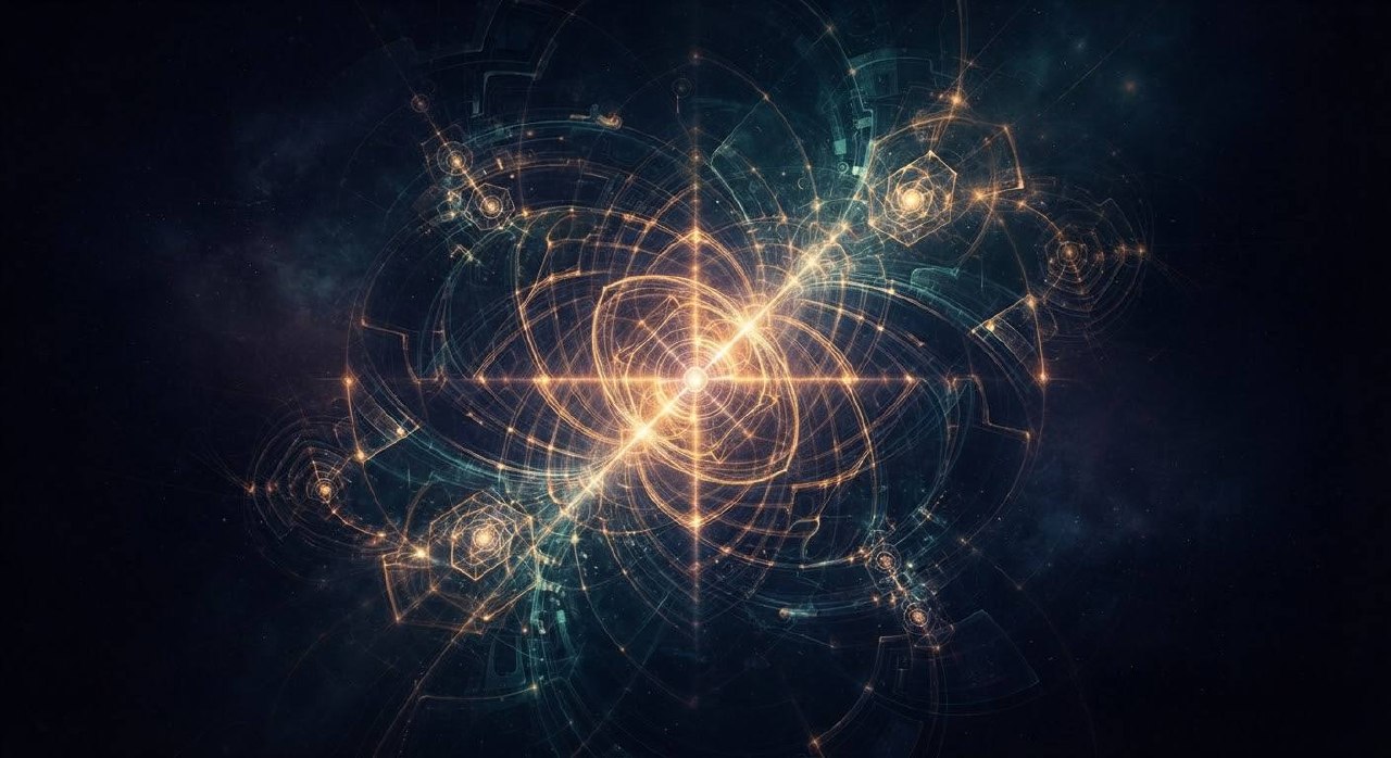 Abstract indigo and amber feedback loops branching through a dark lattice, fading at the edges into noise.