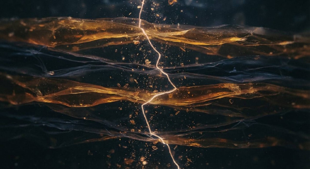 Abstract layered geological strata in amber and indigo, with a bent thread of light passing through each compressed plane.