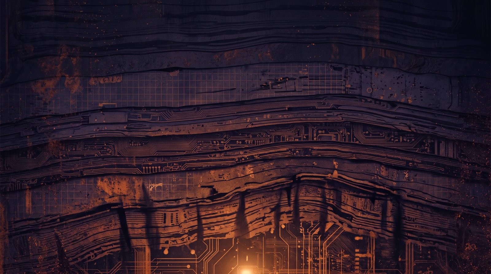 Abstract layered strata of circuit traces and grid lines in deep indigo and rust, lit from below by a single amber light, suggesting accumulated decisions compressed under their own weight.